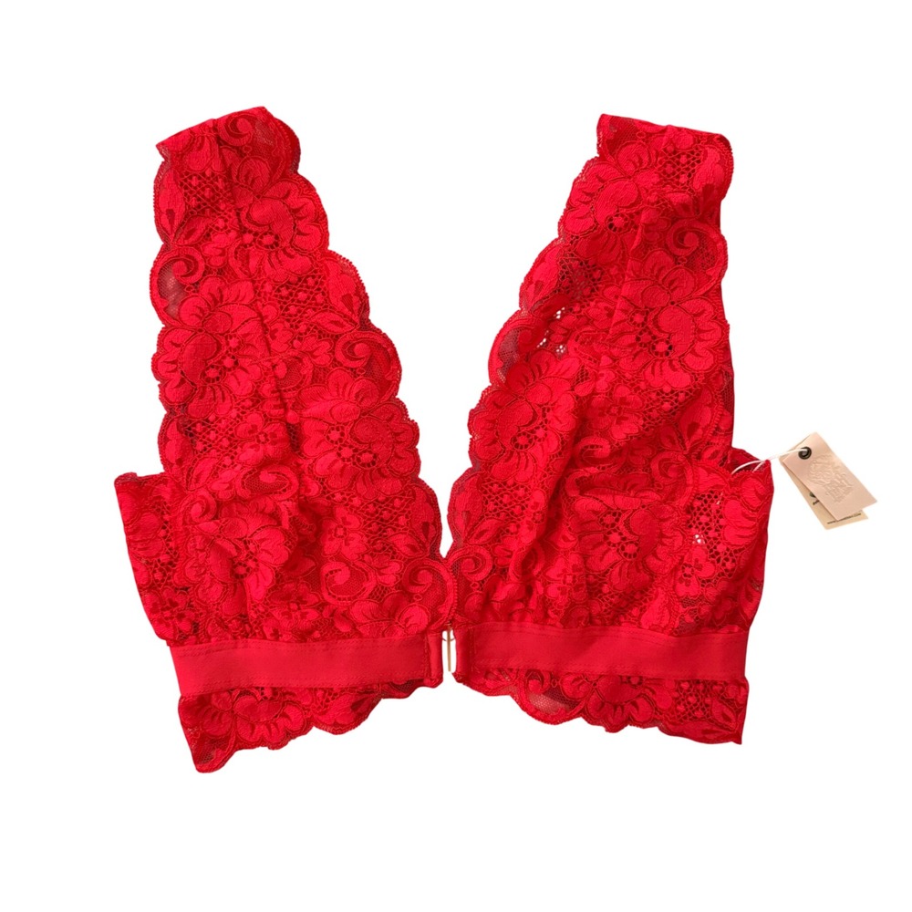 Hot As Hell HAH Intimates Red Floral Lace Scalloped Bralette Front Hook NWT